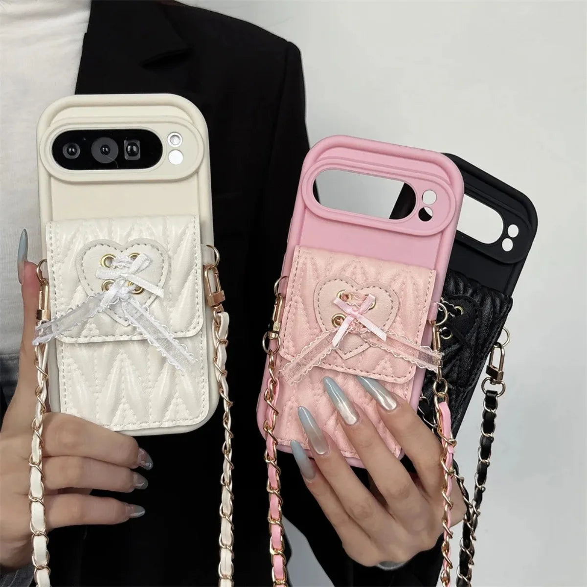 Crossbody Lanyard Card Holder Wallet Quilted PU Leather Phone Case with Ribbon Bow For Google Pixel 10 Pro XL 9 8 7 9a 8a 7a