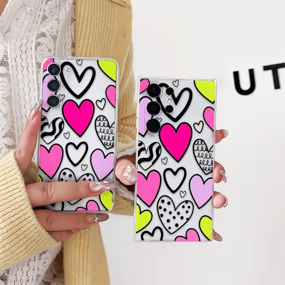 Heart Shape Graffiti Clear TPU Phone Case For Samsung Galaxy S26 S25 S24 S23 S22 S21 S20 Ultra Plus FE Edge 2022 5G Slim Cover
