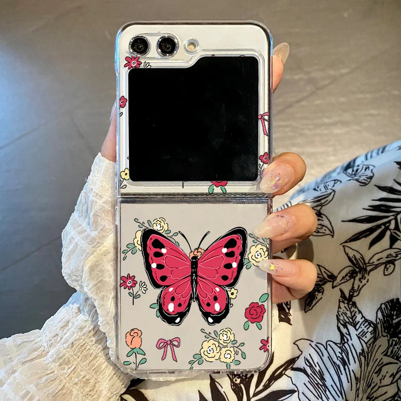 Folding Hard Phone Case For Samsung Galaxy Z Flip 7 FE 6 5 4 3 5G Flowers Butterfly Clear Cover For Samsung Z Flip6 Flip5 Flip4