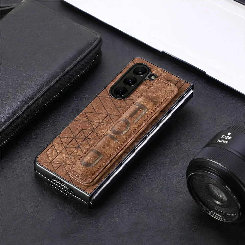 Wrist Strap PU Leather Cover for Samsung Galaxy Z Fold 6 5 4 3 5G Hard PC Phone Case with S Pen Holder & Finger Grip(no Pen)