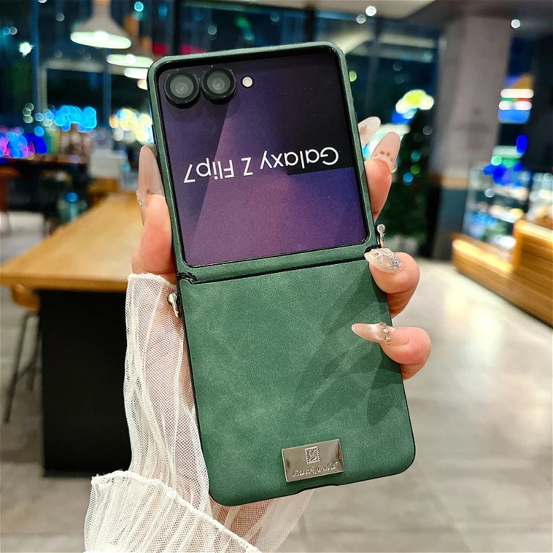Luxury Sheepskin Leather Case with Nameplate For Samsung Galaxy Z Flip 7 6 5 4 3 5G ZFlip7 FE Fashion Back Cover With lanyard
