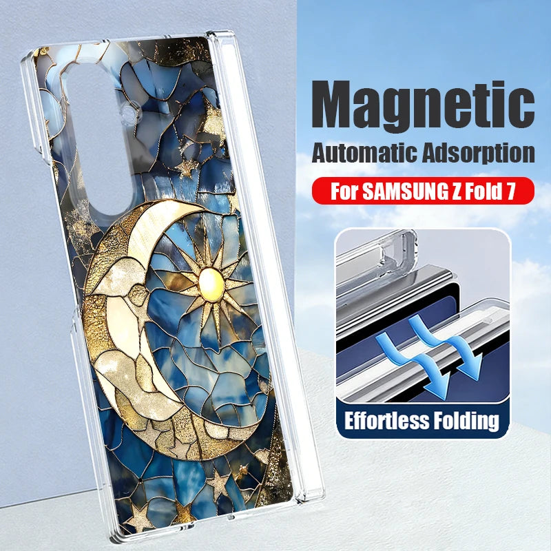 Clear Magnetic Auto Adsorption Phone Case For Samsung Galaxy Z Fold 7 6 Fold7 Fold6 Fold5 5G Vintage Moon Print Hard PC Cover