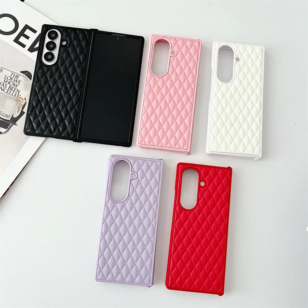 Luxury Lingge Sheepskin Folding Case Shell For Samsung Galaxy Z Fold 3 4 5 6 7 5G Advanced Anti Shock Protective Cover