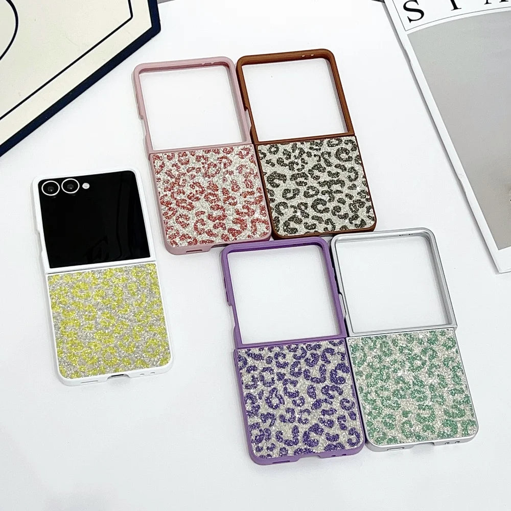 Z Flip 7 5G Glitter Leopard Print Folding Phone Case For Samsung Galaxy Z Flip7 Flip6 Flip 5 4 Shockproof Skin Feel Bumper Cover