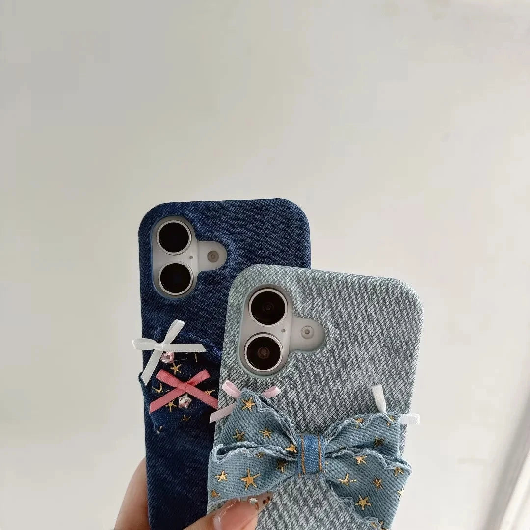 Sweet Bow Denim Stand Case Hard Back Cover for Google Pixel 7 7A 8 8A 9 9A 9 Pro XL10 10Pro with Adorable Bow Kickstand, Bracket