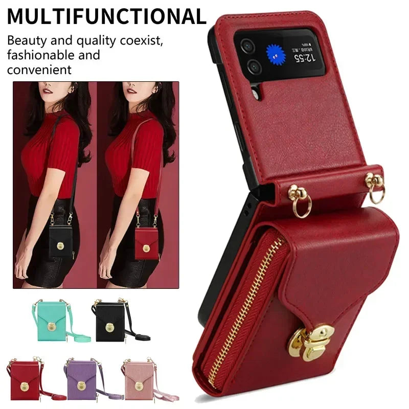 Lanyard Leather Zipper Wallet Card Slot Phone Case for Samsung Galaxy Z Flip 6 5 4 3 Lanyard Purse Bag Flip Stand Cover Back Bag