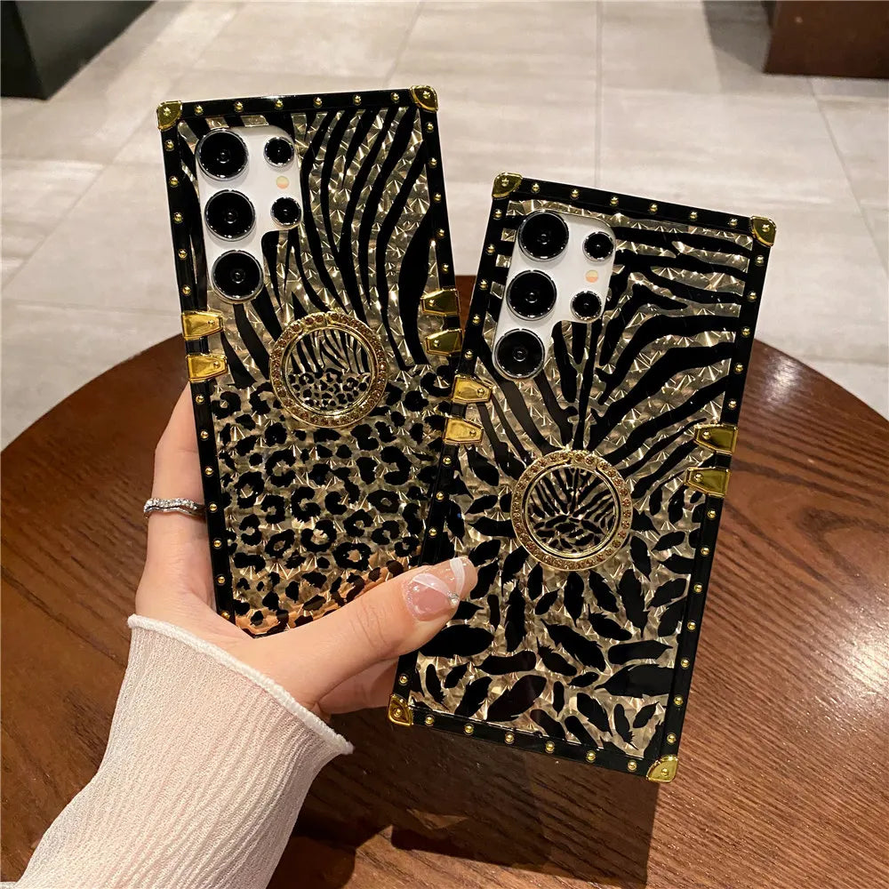 Feather Leopard Print Plating Flower Case For Samsung Galaxy S25 S23 S24 FE S22 S21 S20 A16 A26 A15 A25 A55 A54 Ring Cover