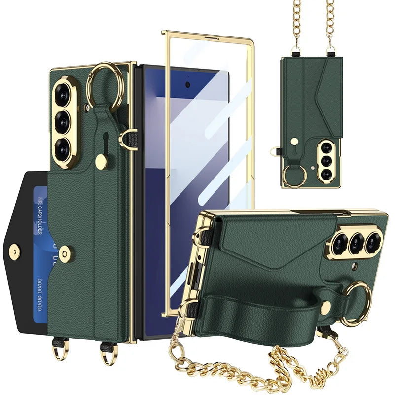 Gold Wristband Bracelet Electroplated Plain Leather Card Slot Glass Protect Case for Samsung Galaxy Z Fold7 Fold 7 6 Cover