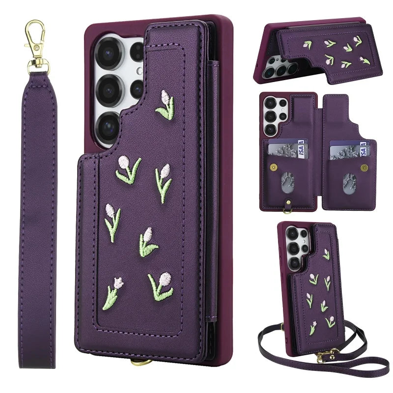 Lanyard Leather Wallet Phone Case For Samsung Galaxy S25 Edge Ultra S24 FE S23 Plus A56 A36 A16 A55 A35 A15 A54 A34 A14 Cover