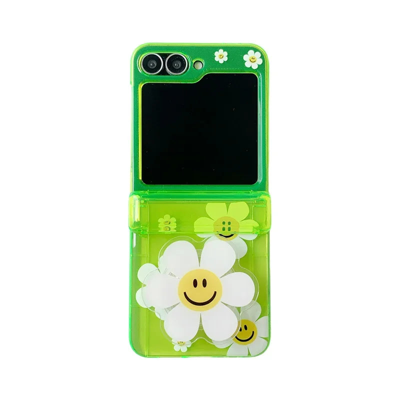 Phone Case For Samsung Galaxy Z Flip 7 FE 6 5 4 3 Fluorescent Green Insert Cards Cute Flower Stand Bracelet Shockproof Cover