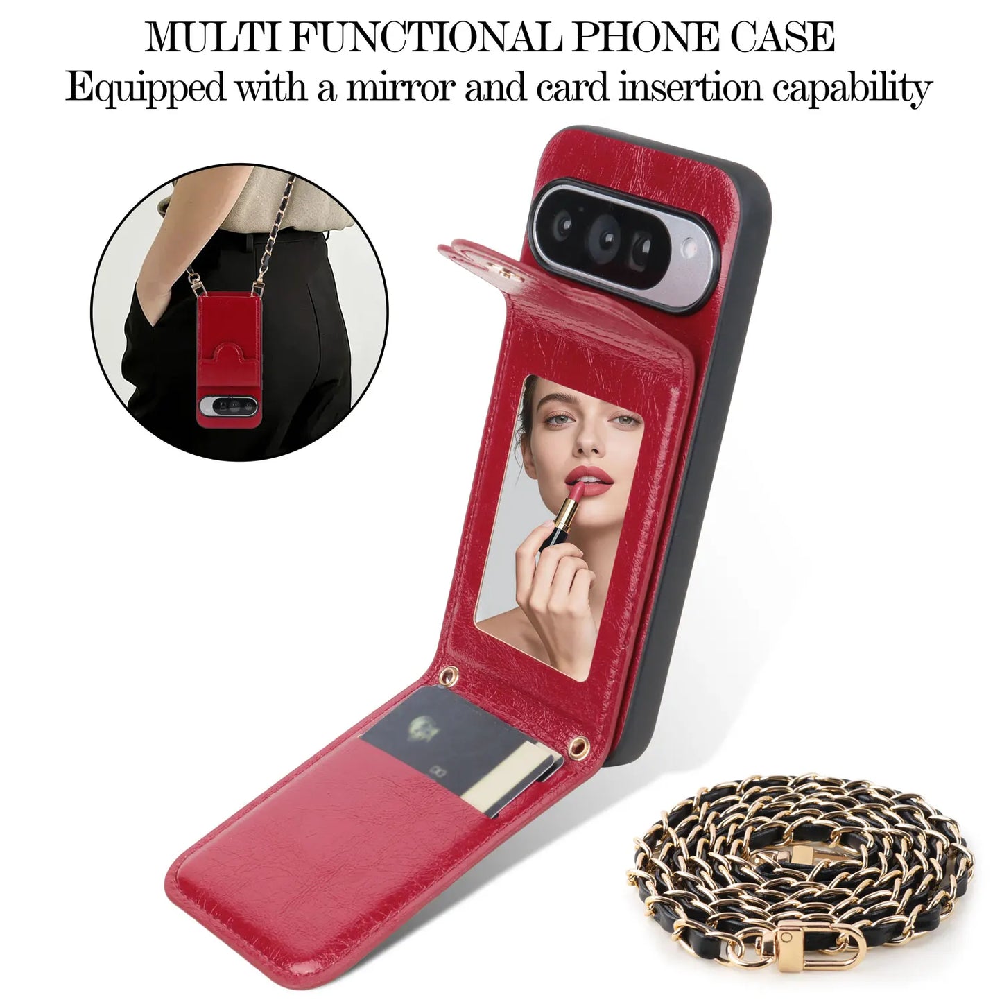 PU Leather Phone Case With Large Capacity Coin Card Holder Built-in Mirror Fashion New Style for Google Pixel 6 7 8 9 10 Pro