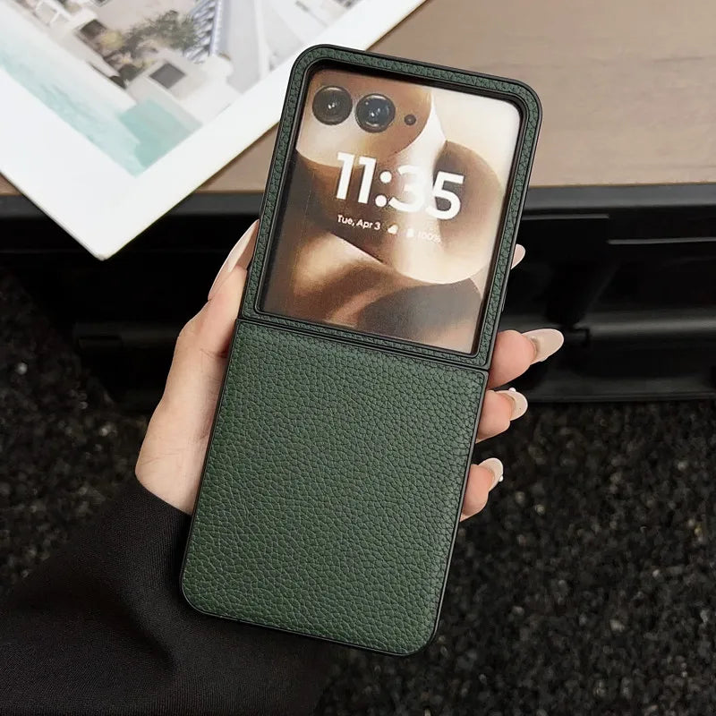For Motorola MOTO Razr 50 60 Ultra, Razr Ultra 2025 Case ELVEV Vintage Lichee Pattern PU Leather Hard PC Phone Cover