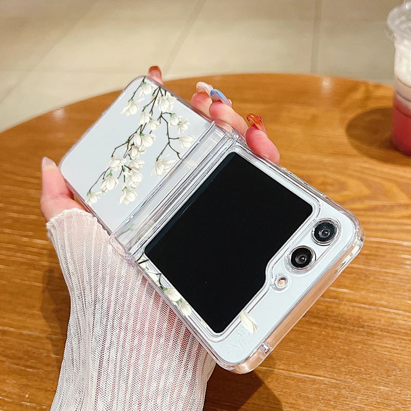 Flower Pattern Folding Case For Samsung Galaxy Z Flip7 FE Flip7 Flip6 Clear Shockproof Cover For Samsung Galaxy Z Flip 7 6 5 4 3