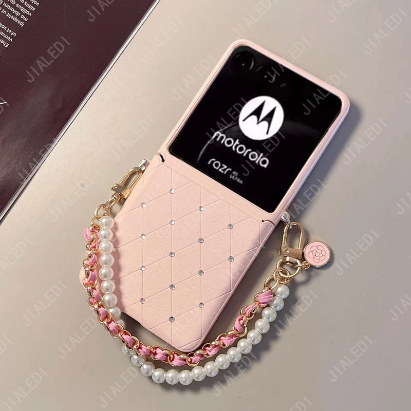 Flower Hand Strap Rhinestone Rhombus Leather Phone case For Motorola Razr 50 60 Ultra Moto Razr60 Plus