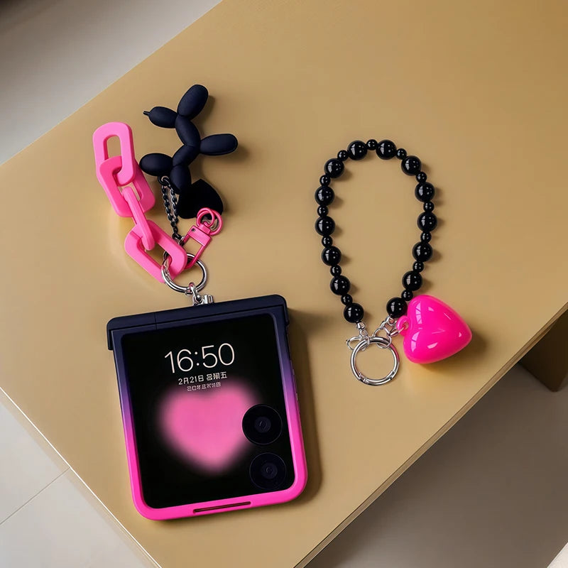 Black Rose Gradient Chain Hinge Case For Samsung Galaxy Z Flip 3 4 5 6 7 For Motorola Razr 50 60 Ultra Xiaomi Mix Flip 2 Cover