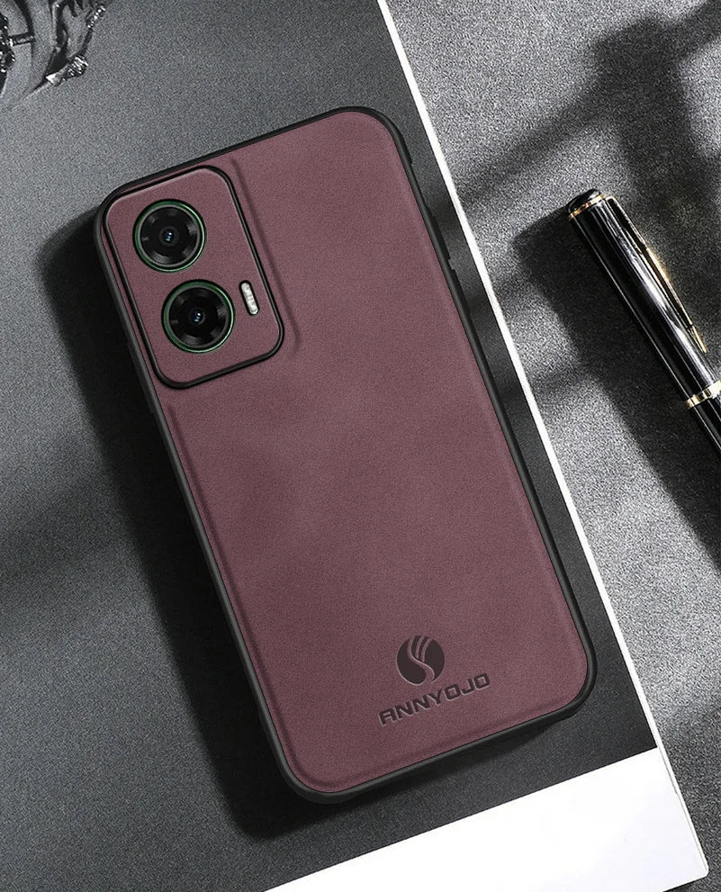 Matte Plain Leather Case For Moto G35 Motorola Moto G35 Built-in Metal Car Mount Holder Cover