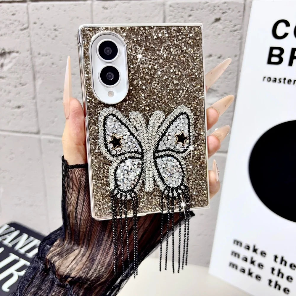 Electroplating Large Diamond Butterfly Tassel Phone Case for Samsung Z Fold 8 Ultra Z Fold 7 6 5 4 Z Flip 8 7 6 5 4 Wide Cover