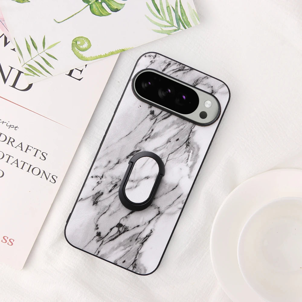 For Google Pixel 10 Pro 8 7 6 9 Pro XL 9A 8A 7A Leather Case With Finger Ring Holder Carbon Fiber Saffiano Leopard Print Cover