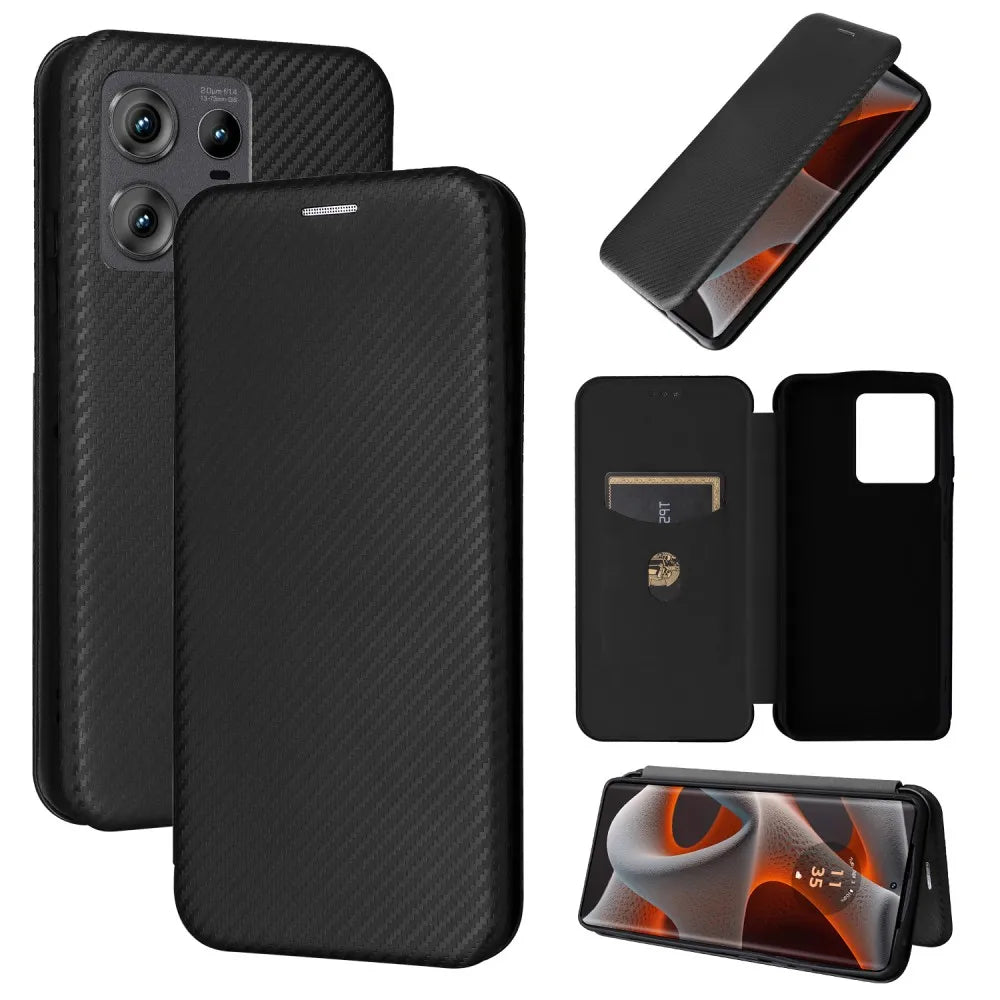 Magnetic Close Carbon fiber Flip Cover Leather Wallet Book Case For Motorola Moto Edge 50 40 30 20 Ultra Pro Fusion Neo