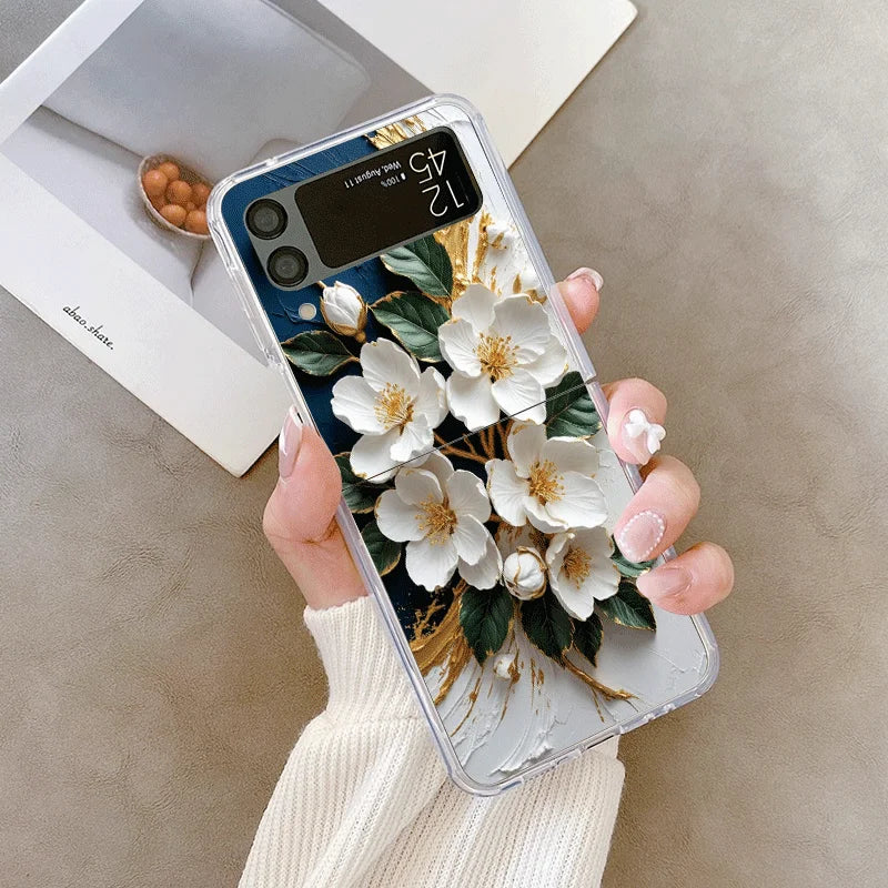 White Camellia Flower Marble Texture Phone Case for Samsung Galaxy Z Flip 7 Flip6 5 4 3 5G Folding Cover for Z Flip7 Flip5 Shell