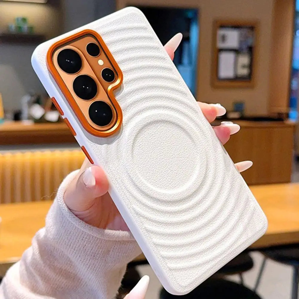 Luxury Water Ripple Leather Pattern for Magnetic Case for Samsung Galaxy S26 Ultra S25 Edge S24 Ultra Orange Lens Frame Cover