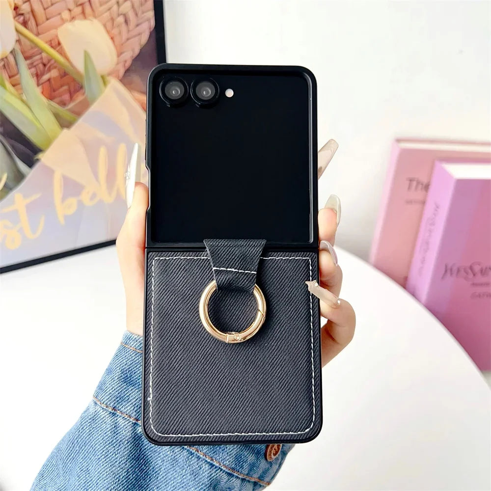 Leather Cowboy Pattern Phone Case for Samsung Galaxy Z Flip 7 6 5 4 3 Flip7 FE ZFlip7 ZFlip6 Hard Back Cover with Ring Bracket