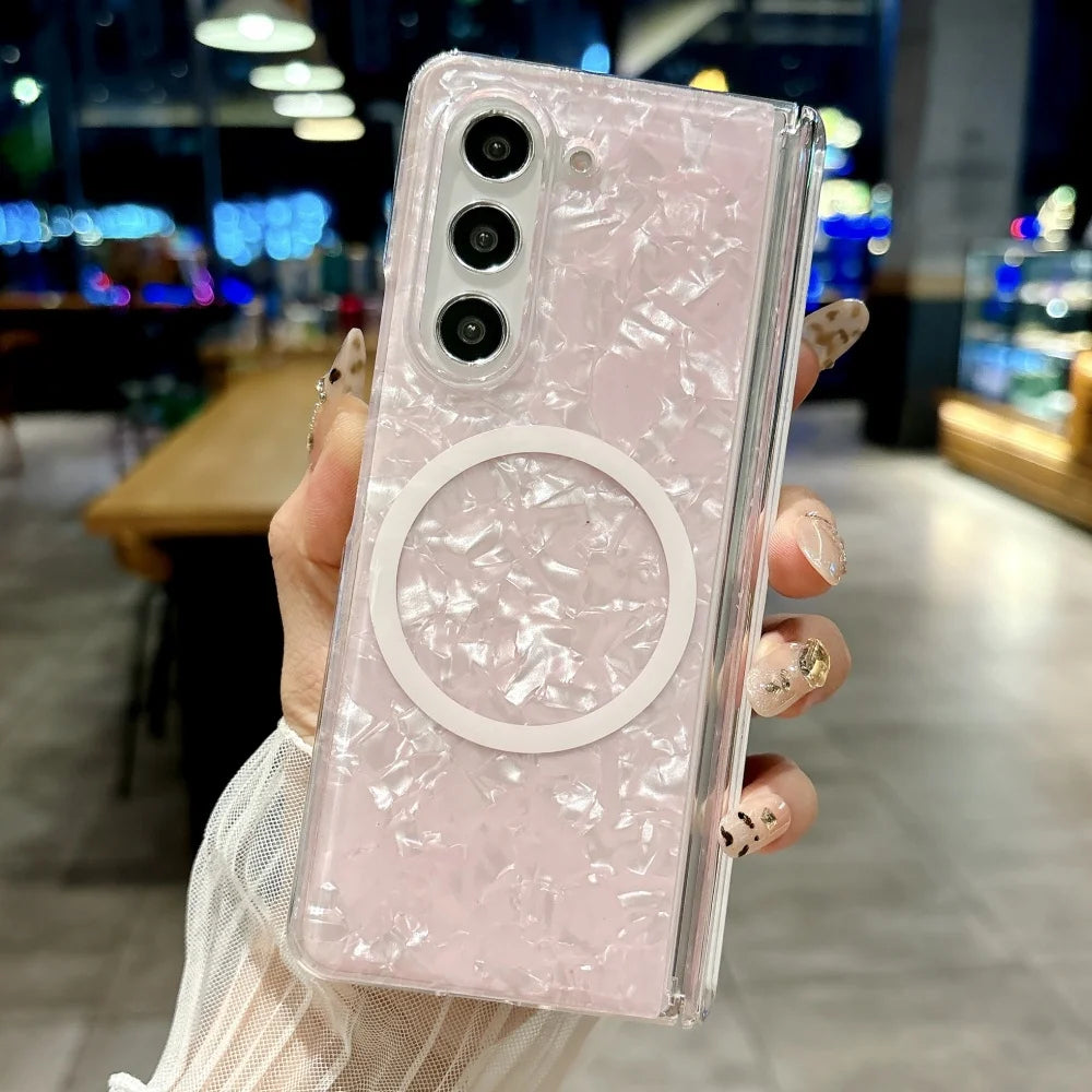 Dreamy Shell Pattern Magnetic Hinge Case For Samsung Galaxy Z Fold 7 6 5 4 5G Wireless Charging Ultra Thin Hard PC Bumper Cover