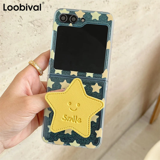 Star Folding Bracket Cartoon Glitter Case For Samsung Galaxy Z Flip7 Flip 6 5 4 3 ZFold 7 6 5 Shockproof Epoxy Bumper Soft Shell