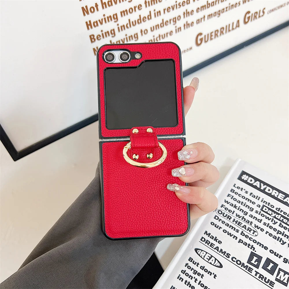 Original Leather Matte Litchi Phone Case For Samsung Galaxy Z Flip 6 5 4 3 Ring Stand Holder Shockproof Cover For Galaxy Flip 6