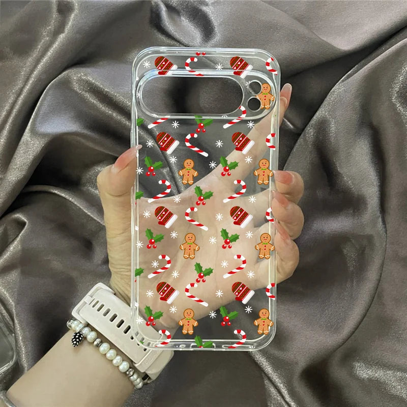 Cartoon Merry Christmas Elk Santa Phone Case For Google Pixel 8 Pro 9 Pro XL 8A 10 7 6A Snowflake Print Clear Soft Cover Fundas