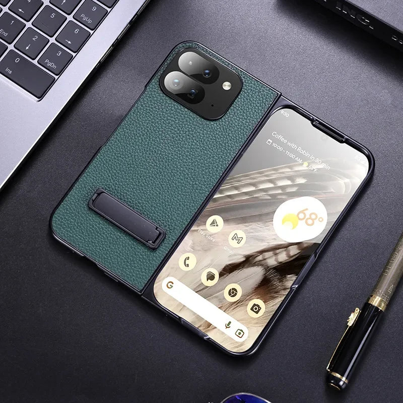 For Google Pixel 9 Pro Folding Case ELVEV Luxury PU Leather + TPU Camera Protection Cover with Metal Kickstand