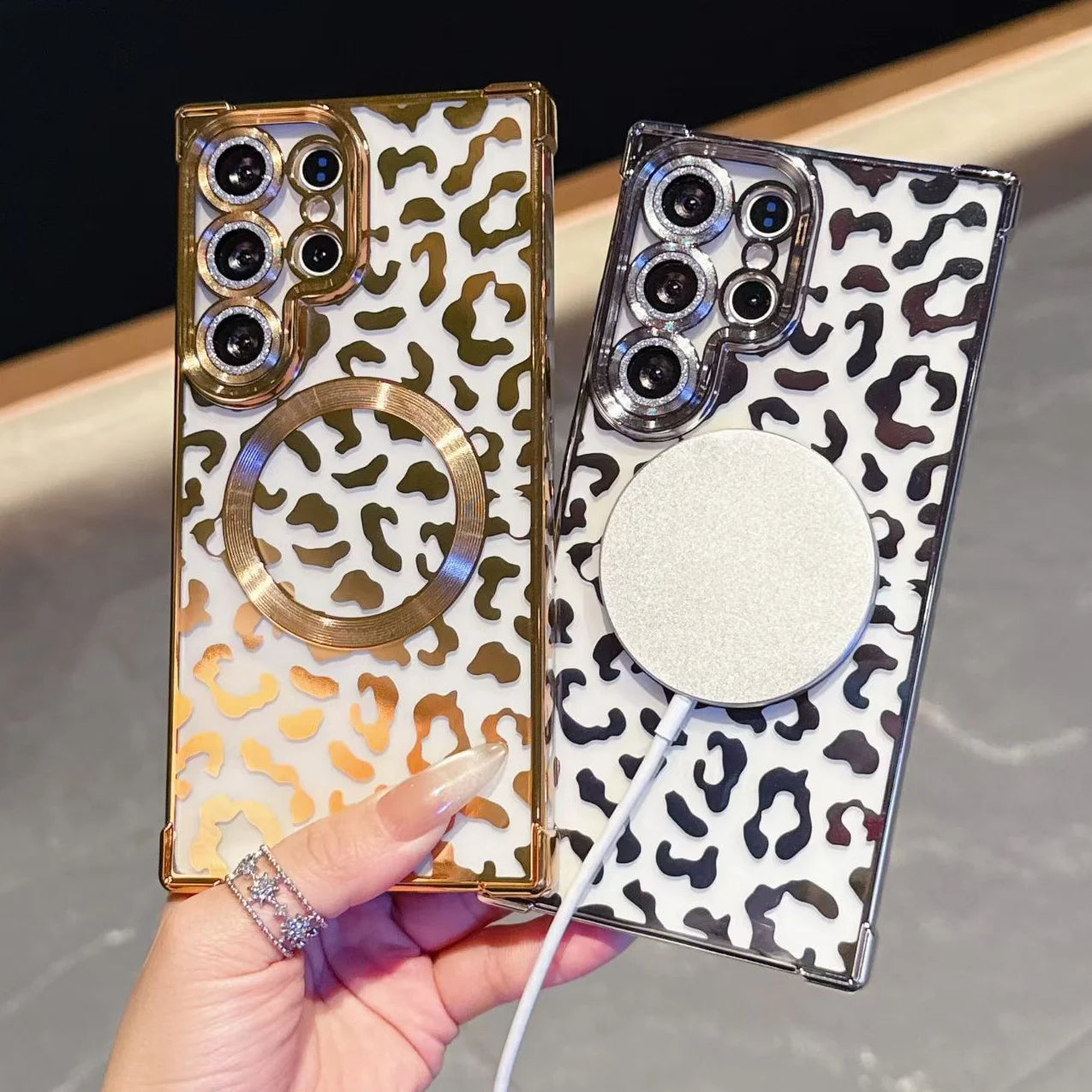 Luxury Leopard Pattern Magnetic Case For Samsung S26 Ultra S26 Plus Gradient Glitter Cover For Galaxy S25 Ultra Plating Case