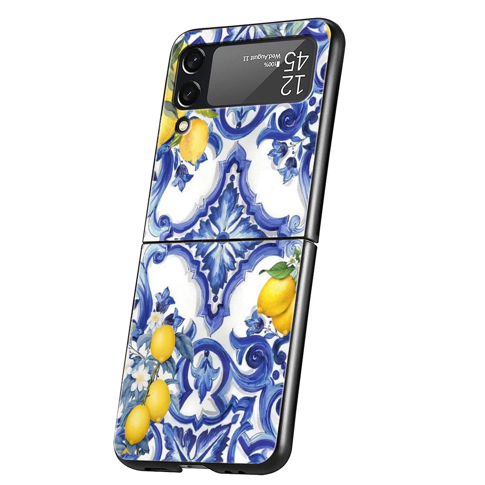 Luxury Phone Case For Samsung Galaxy Z Flip 3 4 5 6 Hard Folding PC For Samsung Z Flip3 Flip4 Flip5 Cover Retro Fruit lemon