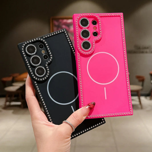 Diamond Camera Magsafe Phone Case For Samsung Galaxy S25 S24 FE S23 Plus S25 Ultra Magnetic Silicone Protector Shockproof Cover