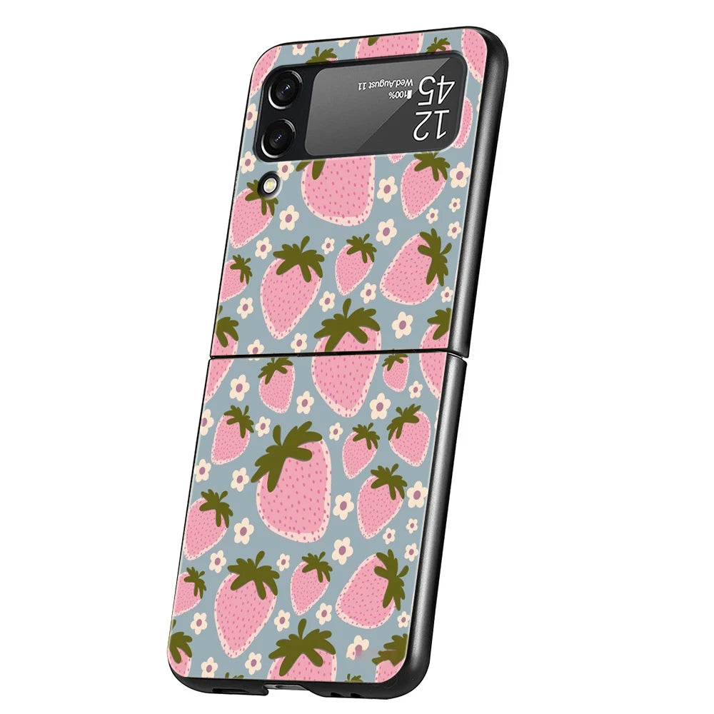Two White Strawberries Simple Hard PC Phone Case For Samsung Galaxy Z Flip 7 6 5 4 Black Cover For Galaxy Z Flip 3 Foldable Capa