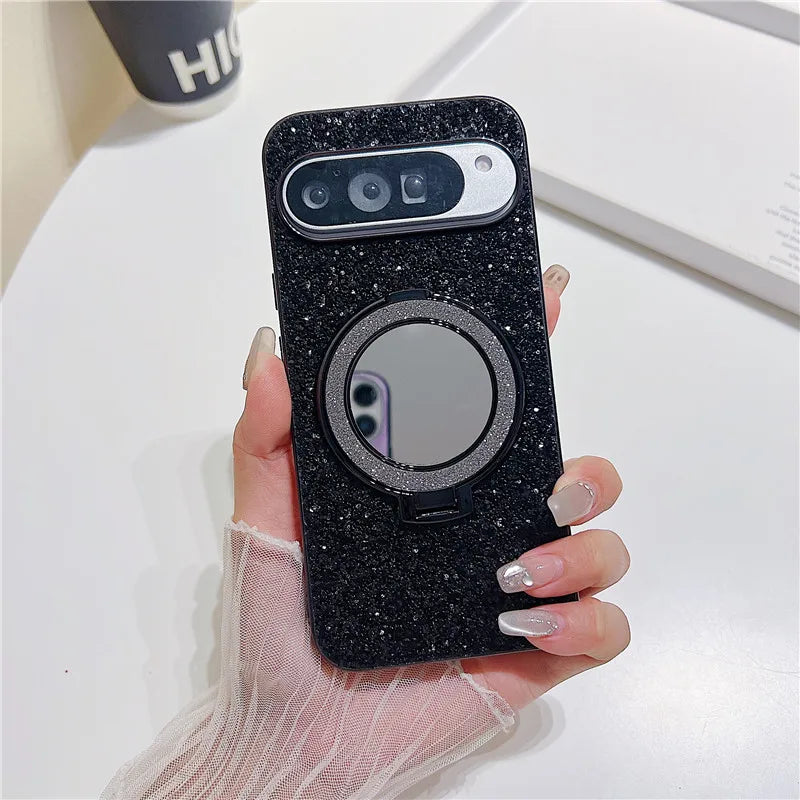 Bling Mirror Magnetic Metal Bracket Case For Google Pixel 9 10 Pro XL 8A 8Pro 7A 6 7 Pro Wireless Charging Glitter Sequins Cover