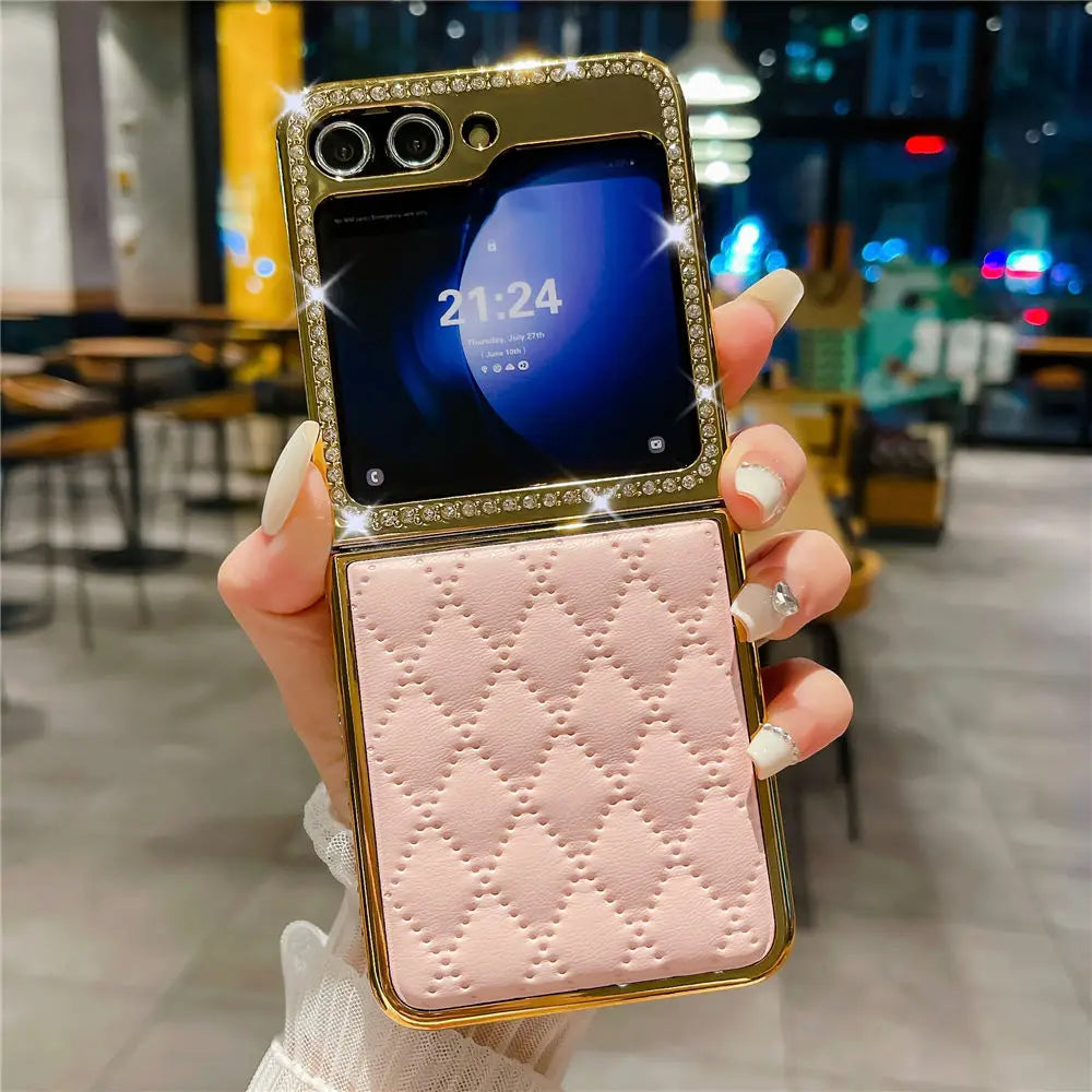 Luxury Bling Diamond Leather Plating Case For Samsung Galaxy Z Flip 6 Flip 5 Flip 3 4 Shockproof Cover Funda
