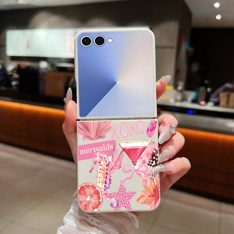 Shell Flower Print Phone Case For Samsung Galaxy Z Flip 7 FE 6 5 4 3 Folding Leather Texture Soft TPU Cover For Samsung Z Flip7