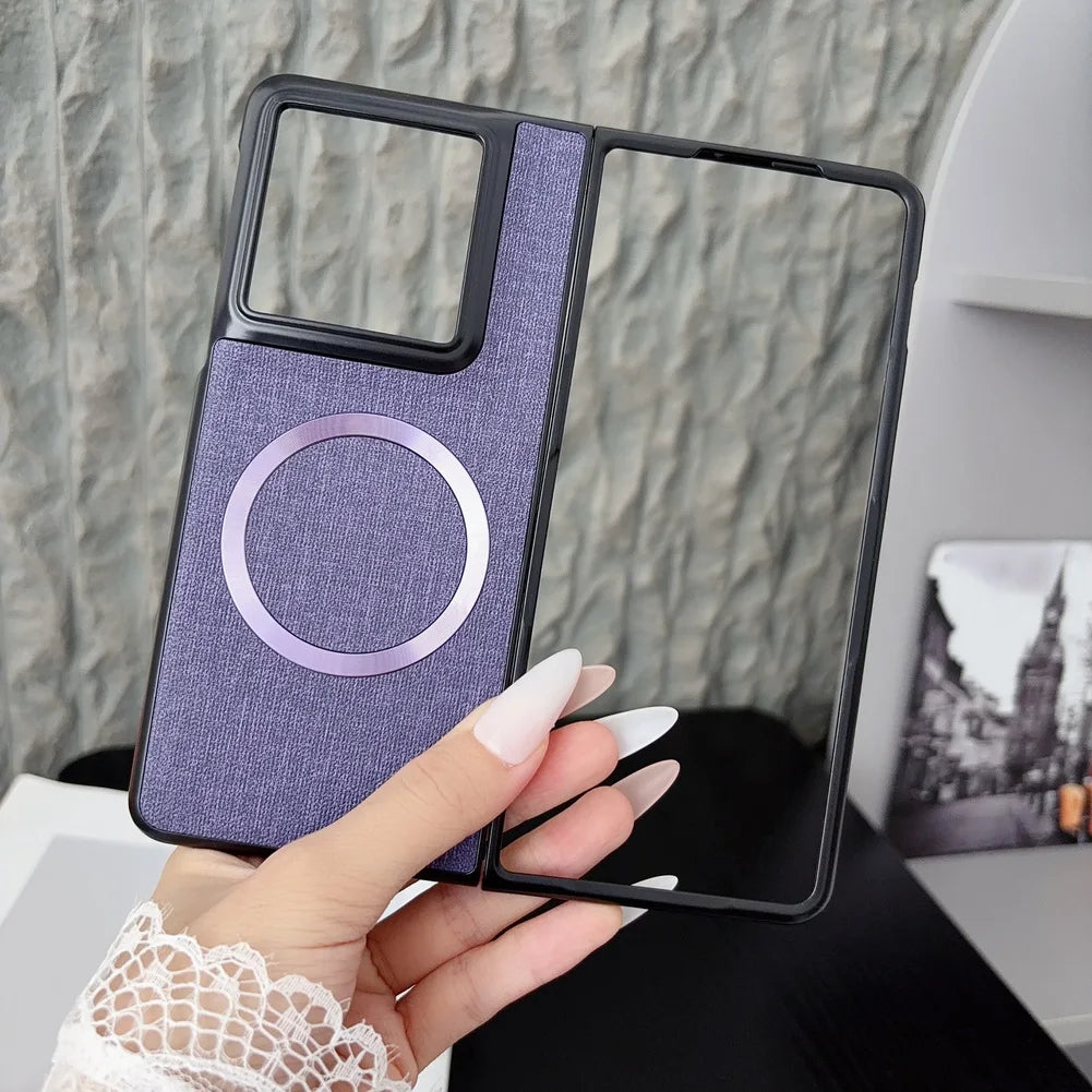 with Magnetic Ring Plain Leather Case For Motorola Razr Fold Luxury Cloth Wireless Charging Protective Cover