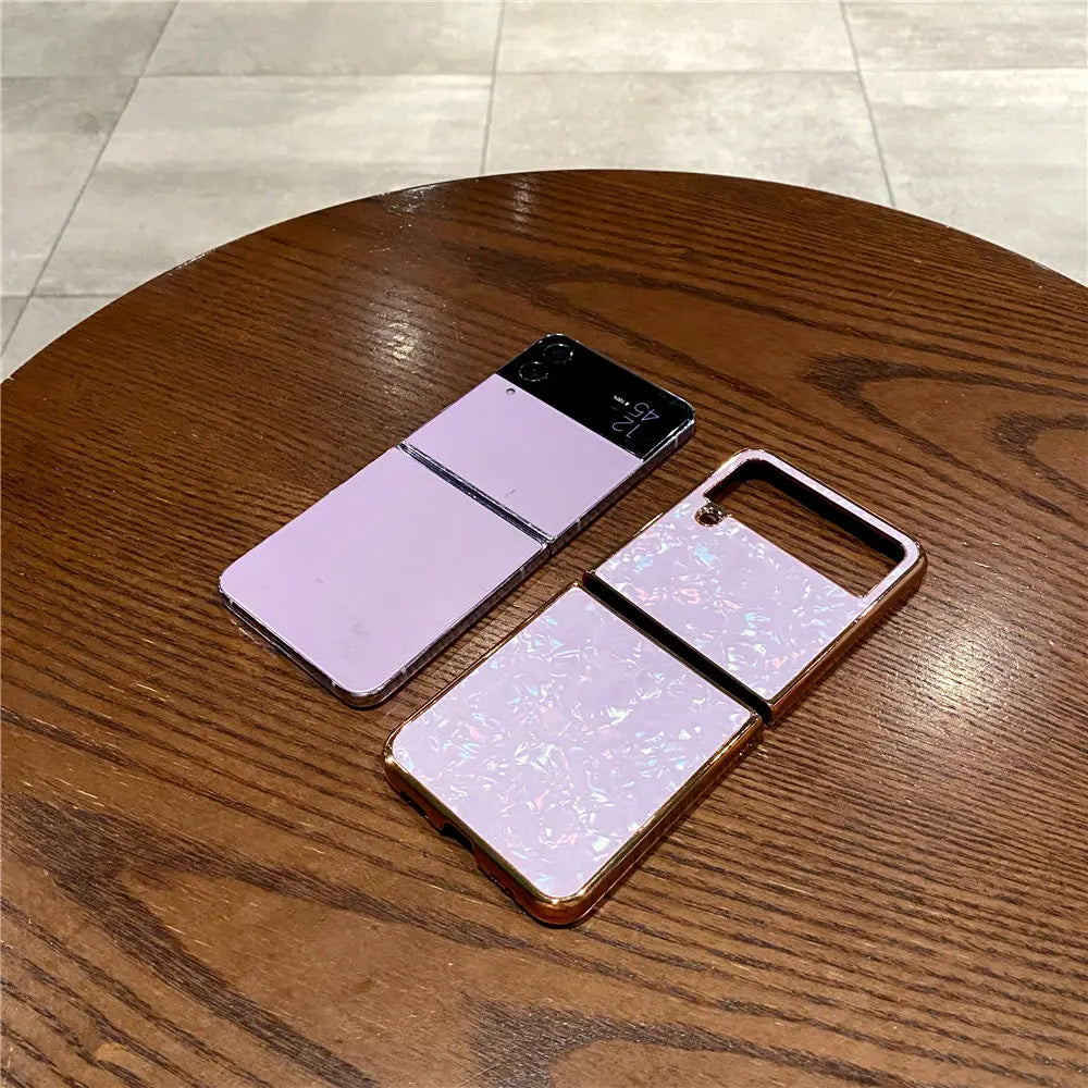 Shell Pattern Gold Plating Glitter Case For Samsung Z Flip 6 Flip 5 Flip 3 4 Cover Back Shell