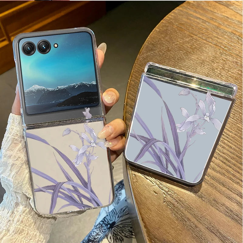 Blue Flowers Pattern Phone Case For Motorola Razr 60 50 40 Ultra Razr60 Razr50 Razr40 Shockproof Hard Transparent Folding Cover