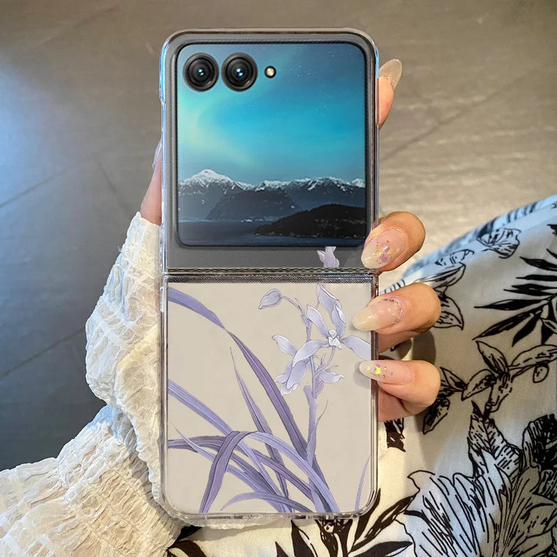 Blue Flowers Pattern Phone Case For Motorola Razr 60 50 40 Ultra Razr60 Razr50 Razr40 Shockproof Hard Transparent Folding Cover