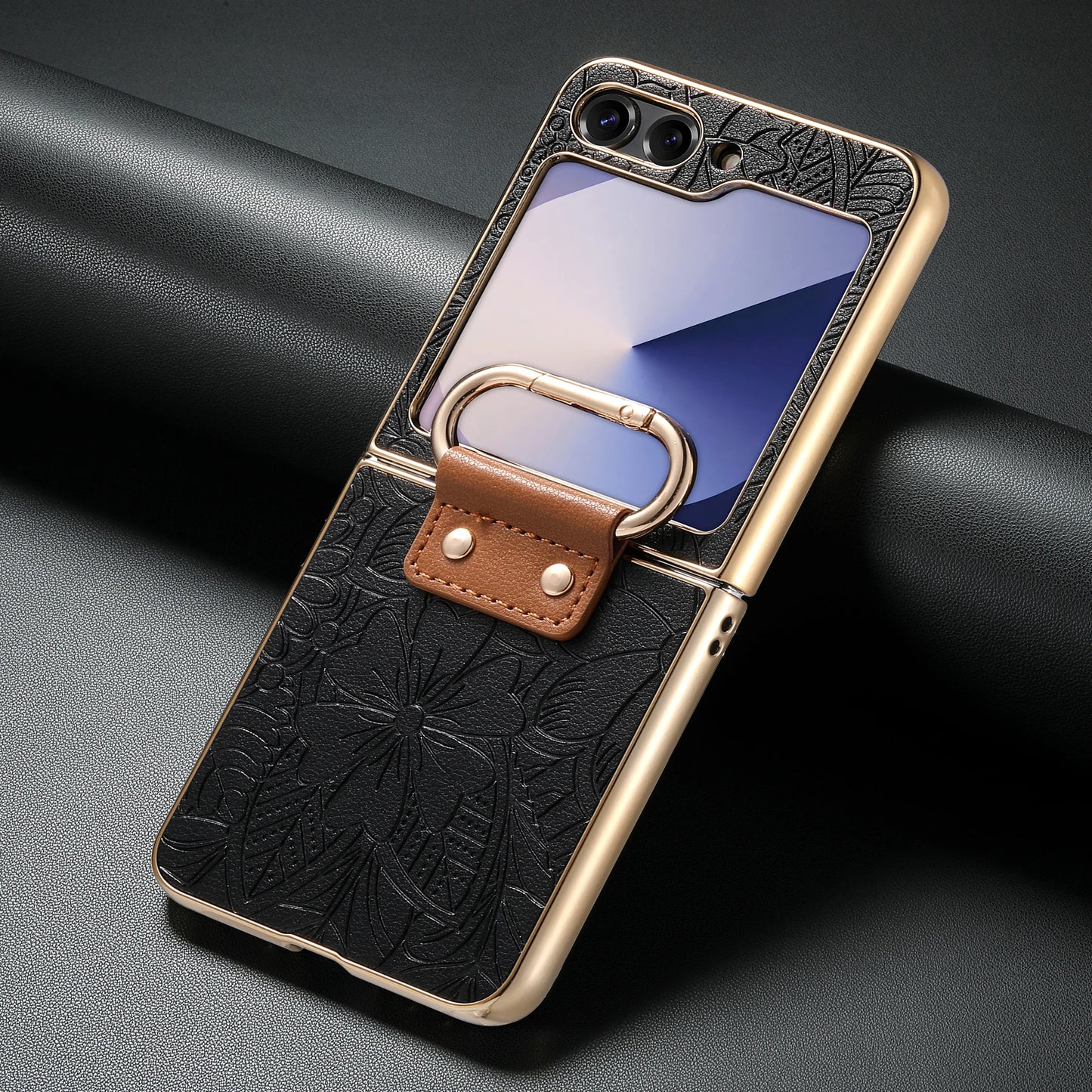 For Samsung Galaxy Z Flip 7 FE 6 5 4  Leather Embossed Flower Phone Case with Ring Buckle Electroplated Shockproof Cover