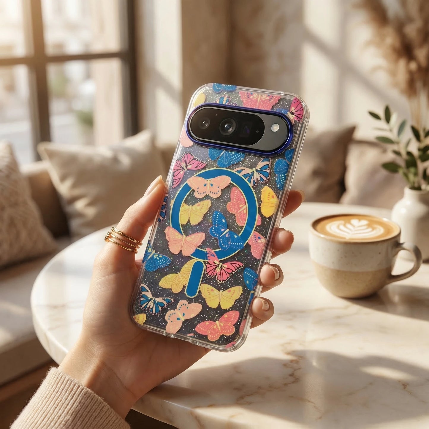 For Google Pixel 10ProXL 9ProXL 9/10Pro 10A 9A Magnetic Phone Case Gradient Blue Light Colorful Butterfly Glitter IMD Anti-Fall.