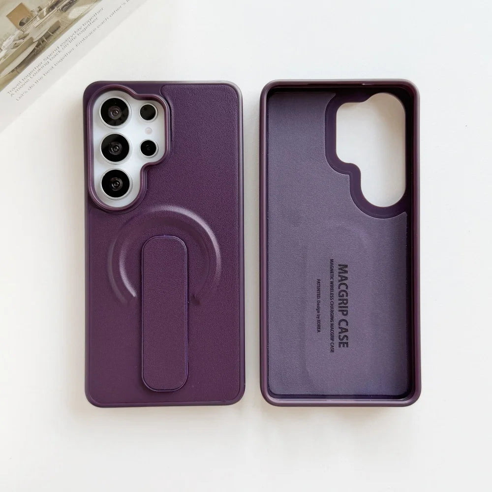 PU Leather Ring Adjustable Bracket Magnetic Case For Samsung Galaxy S26 S25 S24 Ultra Plus S26+ S26 for Magsafe Shockproof Cover