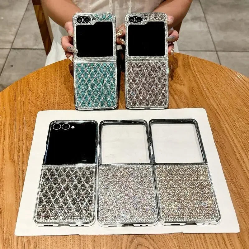 Glitter Bling Plaid Diamond Phone Case For Samsung Galaxy Z Flip 7 Flip6 ZFlip 5 4 Luxury Rhinestone High-end Plating Hard Cover