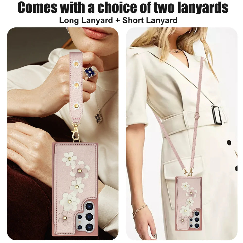 Crossbody Leather Rope Wallet Wrist Strap Phone Case for Samsung S25 S24 Plus S23 FE S22 Ultra A55 A54 A53 A35 A34 A15 A13 Cover