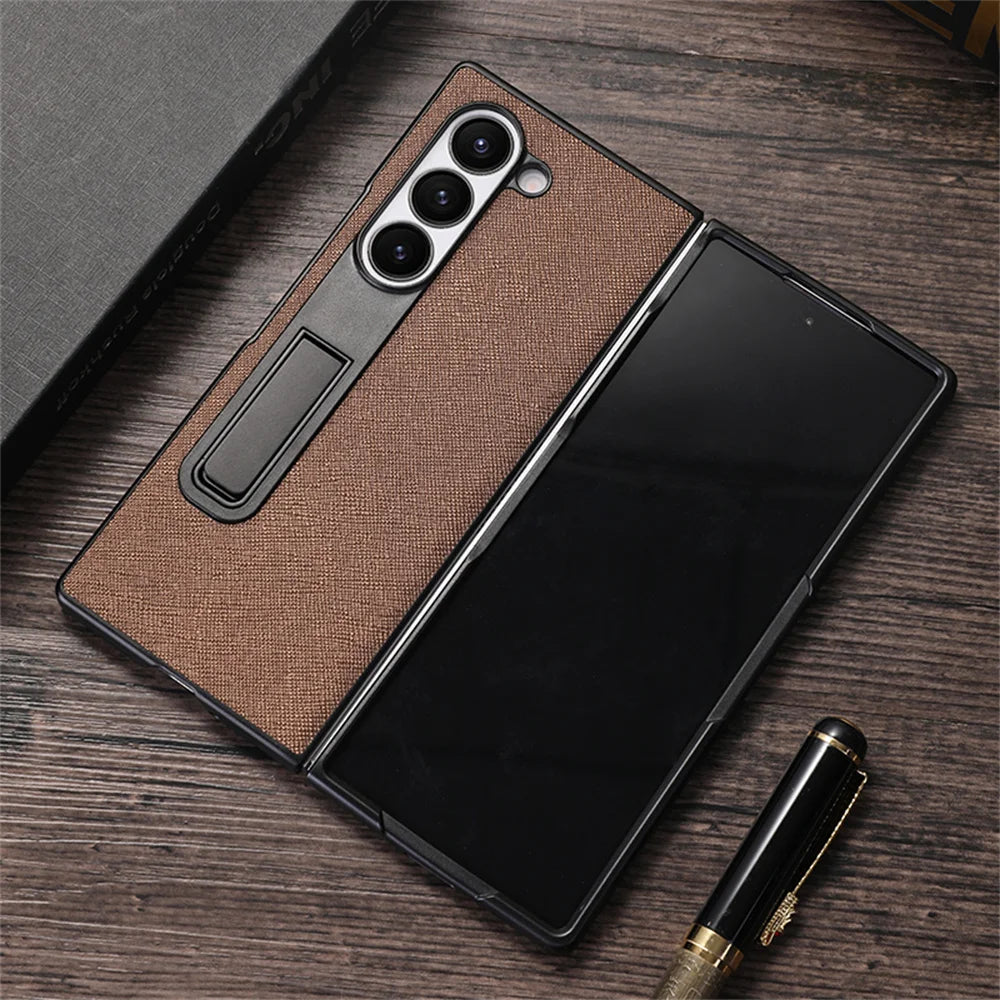 For Samsung Galaxy Z Fold 6 5 Luxury Leather Invisible Stand Holder Case Shockproof Bumper Back Cover For Galaxy Fold 4 3 Fold 6