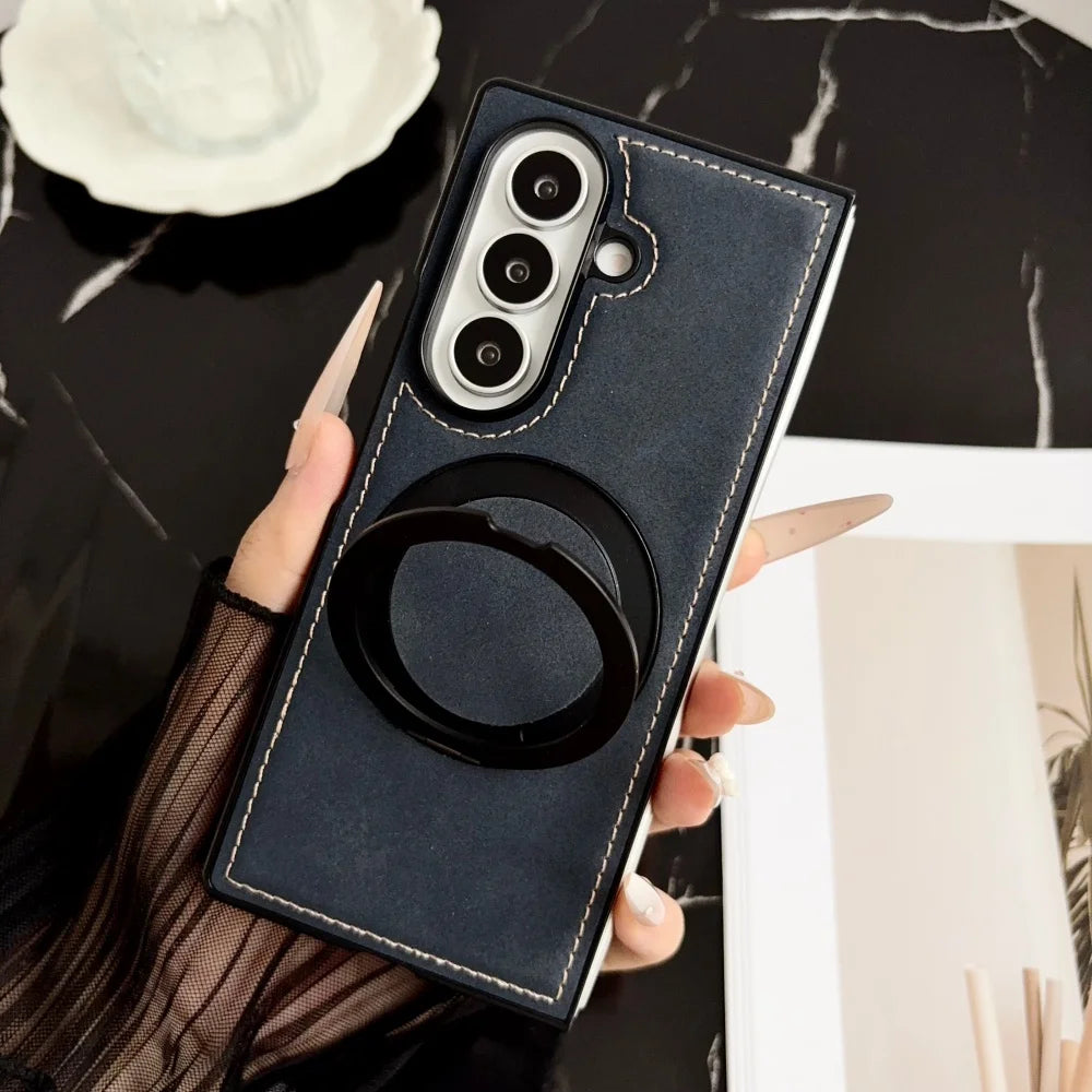 Luxury Matte Sheepskin For Magsafe Phone Case For Samsung ZFold 8 7 6 5 4 3 ZFold8 Wide ZFold7 360° Rotating Stand  Back Cover