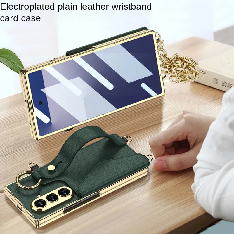Gold Wristband Bracelet Electroplated Plain Leather Card Slot Glass Protect Case for Samsung Galaxy Z Fold7 Fold 7 6 Cover